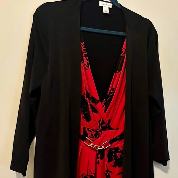 Jaclyn Smith Collection XL Red Black Floral Faux Wrap Dress Overlay Cardigan - Picture 7 of 16